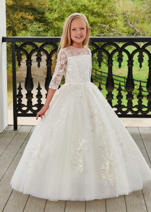 Illusion Neck Ivory Lace Tulle Floor Length Flower Girl Dress